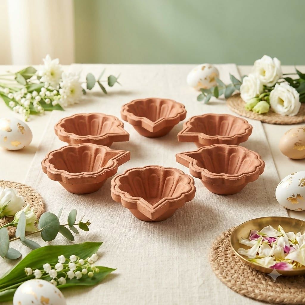 Traditional Flower Shape Terracotta Clay Diya 6 Pcs Set for Pooja and Festival Decor