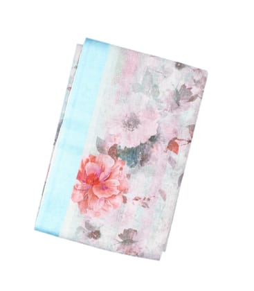 Sky Blue Handloom Linen Saree With Printed Flowers-Sky Blue