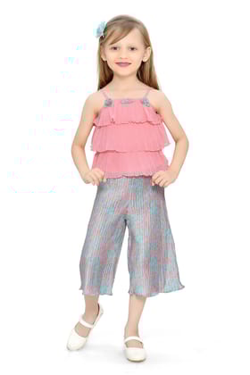 Be:Kids Pink Tropical Bliss Layered Ruffle Top and Palazzo Pants Set