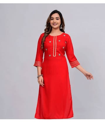 MAUKA Rayon Embroidered Straight Women's Kurti - Red ( Pack of 1 )