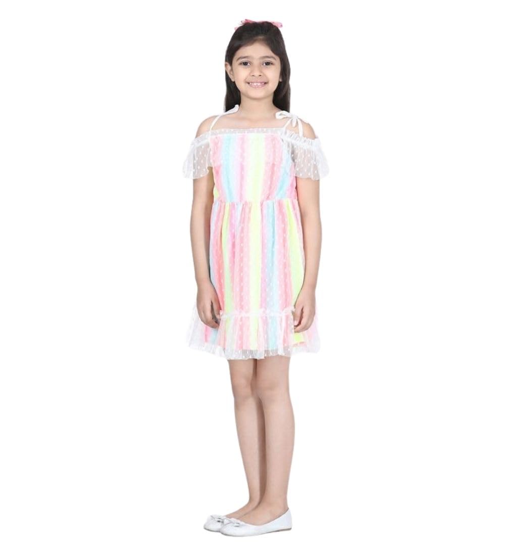 Girl's Polyester Self Design Cold Shoulder Dress (Multicolor, 4-5-Yrs)-PID66032