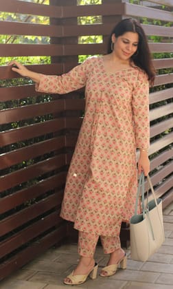 Cotton Block Print Beige Pleated Kurta and Pants Set-XS