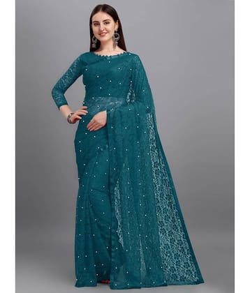 VANRAJ CREATION Net Self Design Saree With Unstitched Blouse Piece ( Teal )