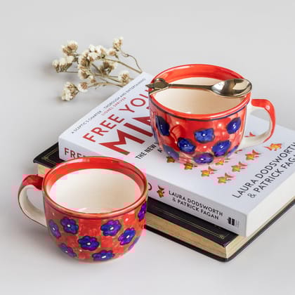 Ceramic Soup Bowl Style Mug Set of 2 ( Red )-4 inches in diameter x 3 inches in height / Blue / Red / Ceramic