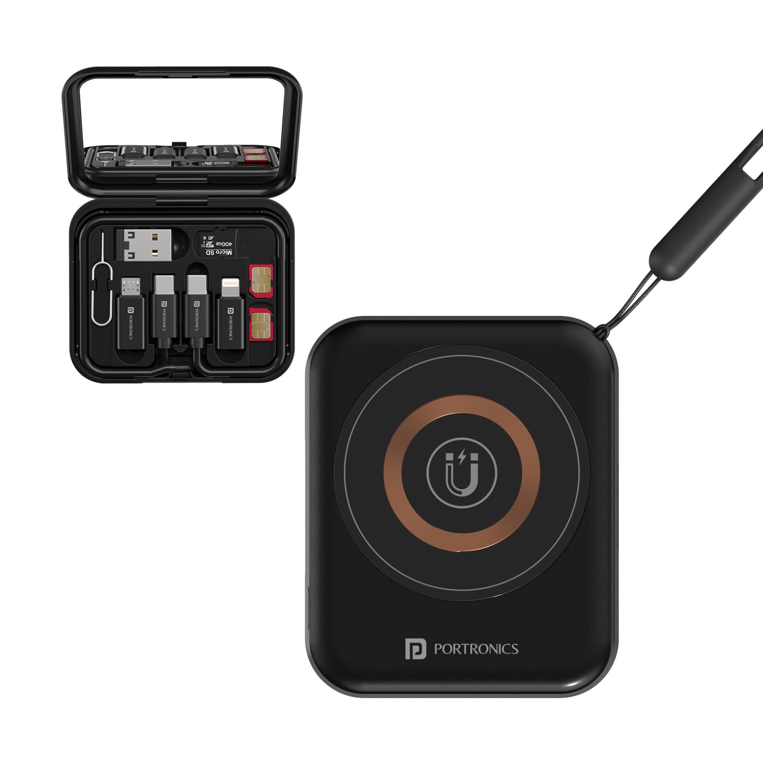 Portronics Smartpod 3 in 1 Wireless Charger With Multifunctional Cable Kit and Cleaning Kit, Makeup Mirror, 60W Type C Cable, Mobile Stand, 5 in 1 Cleaning Kit, 15W Wireless Output, Light Weight (Black)