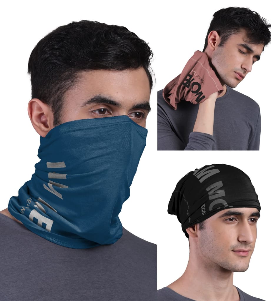 FREECULTR Unisex Bamboo Bandana, Anti Microbial Super Soft & Comfort Fit, Breathable Multipurpose Headband - Printed Pack of 3-Black,Cuban Peach,Sapphire Blue