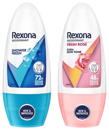 Rexona Shower Fresh Underarm Roll On Deodorant For Women, 50 & Rexona Women Fresh Rose Advanced Whitening Roll On, 50ml