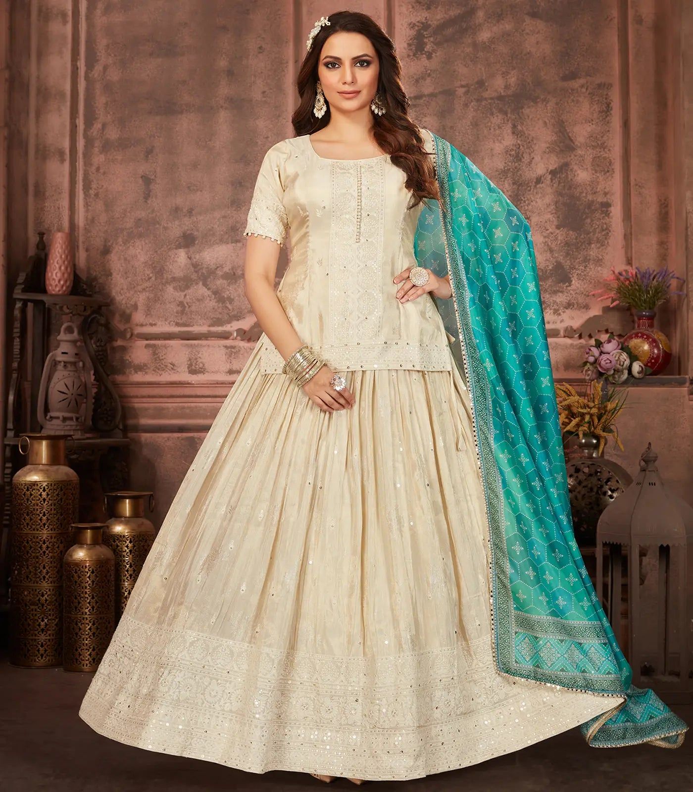 Off-White Embroidered Lehenga With Blue Printed Dupatta-Off White-XL-Off White
