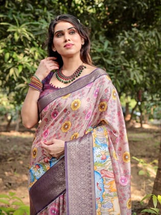 Pastel Beige Tussar Silk Saree with Vibrant Floral Motifs and Zari Border-Regular