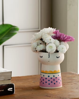 White Ceramic Flower Vase with Pink Block & Yellow Edge 5x4-White / Pink / Yellow / Ceramic