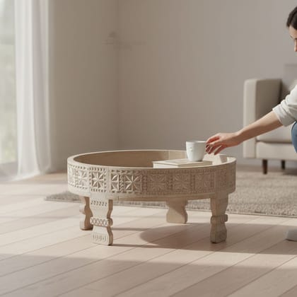 BAANMATA INTERNATIONAL Handicraft Home-Living Multipurpose Chakki-Table,Beautiful Painted Carved Wooden Grinder-Table,Drawing Room Decors Brass-Embossed Round Coffee-Table