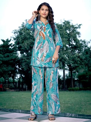Aqua Blue Printed Straight Rayon Blend V-Neck Co-Ord Set-S