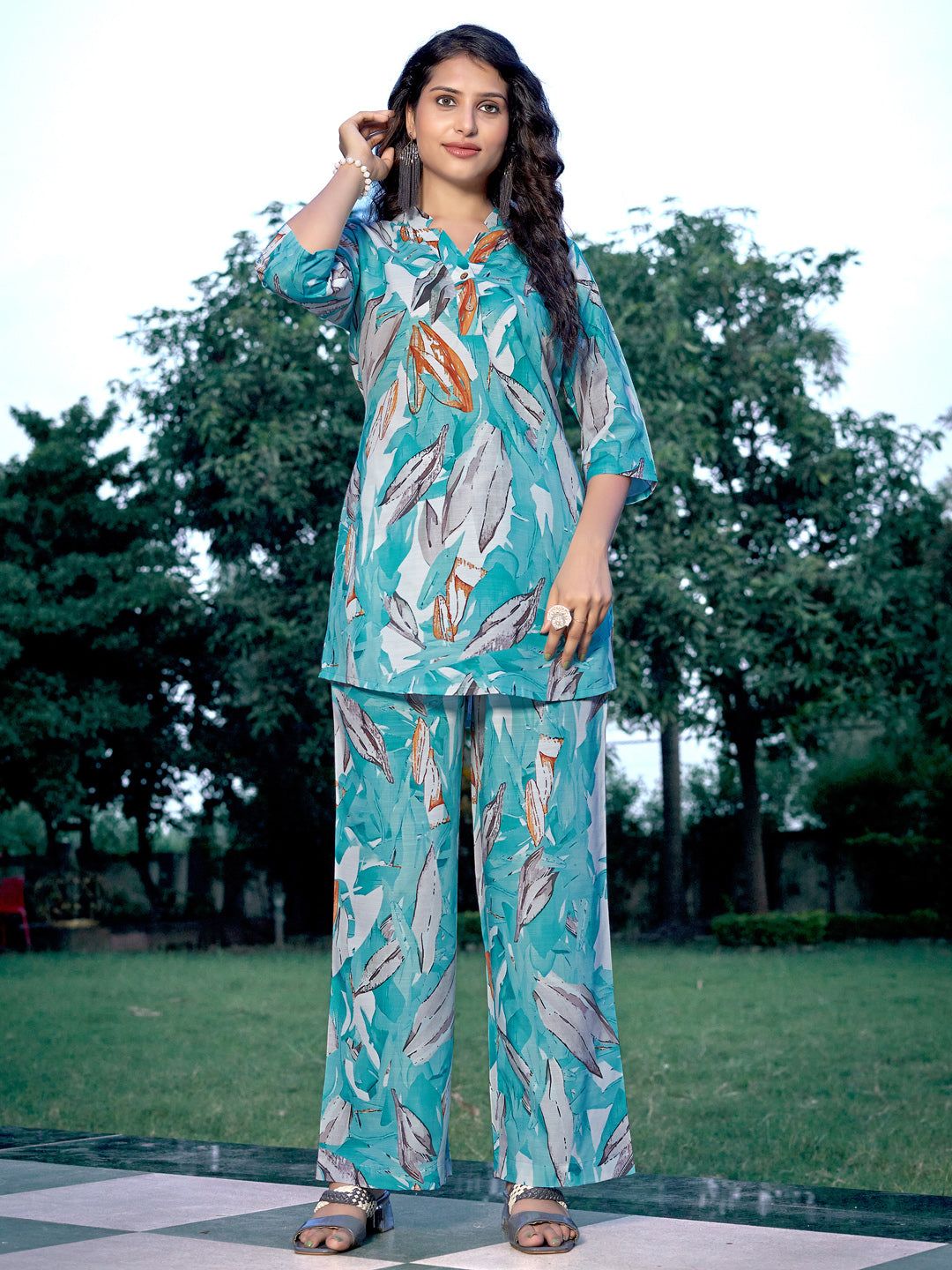 Aqua Blue Printed Straight Rayon Blend V-Neck Co-Ord Set-S