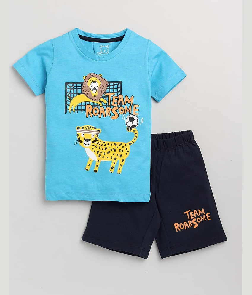 Lazy Shark Pack of 1 Boys Cotton Blend T-Shirt & Shorts Set ( Turquoise )