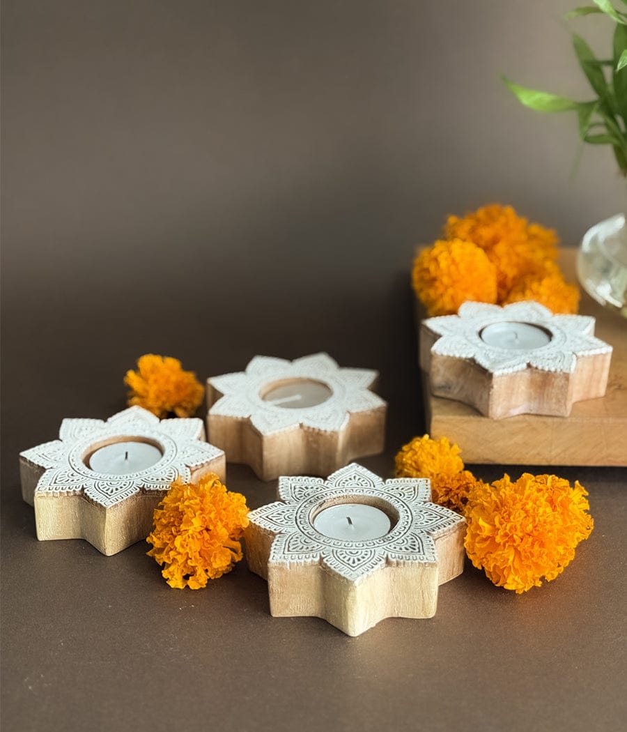 Star Carved Wood Tealight - Set of 4