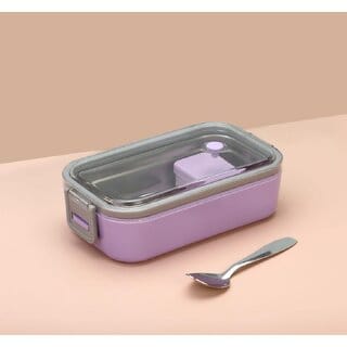 Rectangular Lunch Box for Kids  Adults with Spoon, Transparent Lid, Secure Side Locks and Inner Mini Container, Reusable Tiffin Box for School, Office and Travel