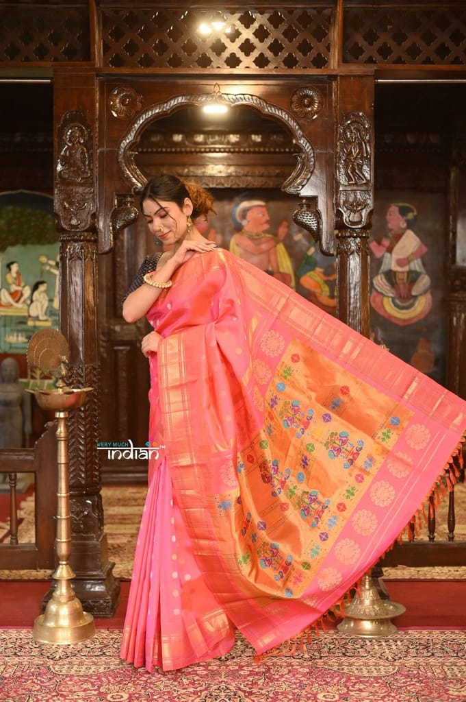 ROYAL WEAVE! Authentic Pure Silk Handloom Maharani Paithani With Exclusive Maharani Pallu - Neon Pink - Sarees | Buy online on ZillyBuy