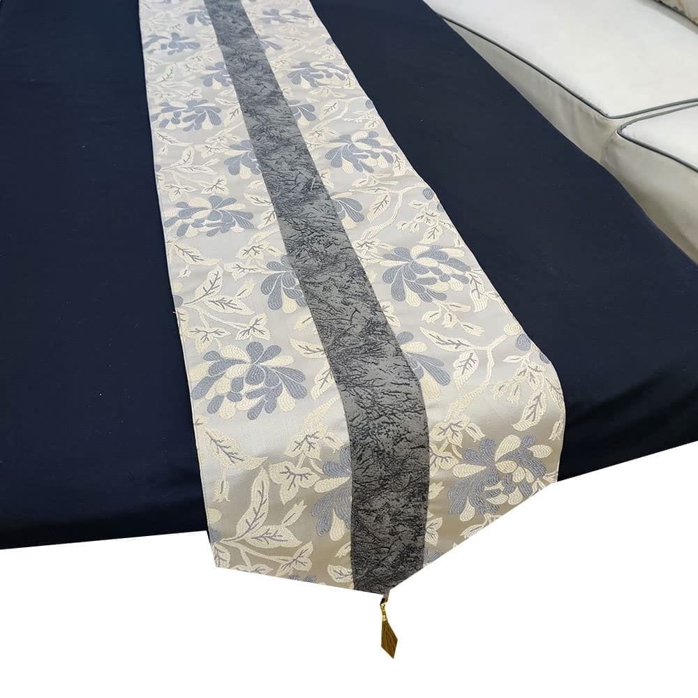 12 x 59 Inch Decorative Luxury Grey White Gold Leather Striped Patchwork Table Runners with Tassels for Home Living Room Bedroom Art Decor Wedding