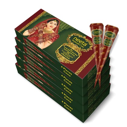 Neeta Mehendi Cones for Hand Desgning & Wedding, Bridal Mehandi Cone Reddish Brown Color 4 Pcs in 1 Box (Pack of 5)