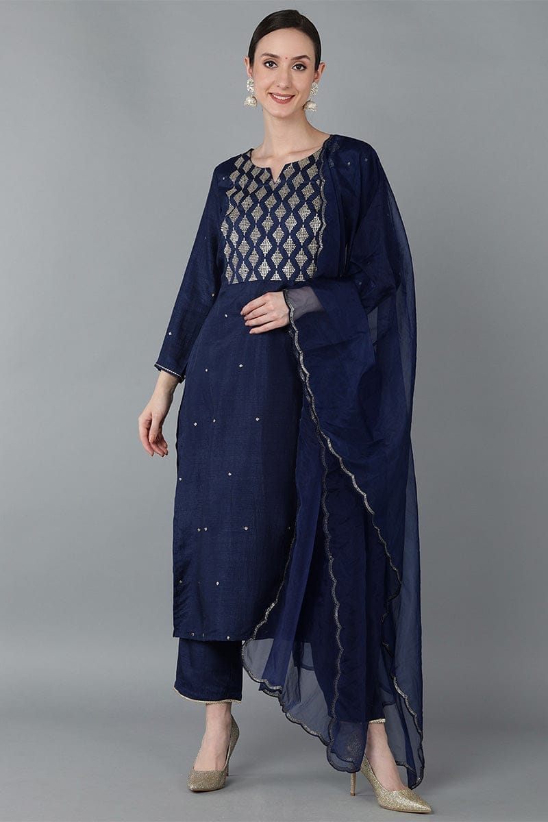 Navy Blue Silk Blend Yoke Design Solid Kurta Trousers With Dupatta PKSKD1609
