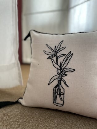 KRI India Lined Flowerpot Cushion cover 16x16" | White & Black | Wash & Care | 100% Cotton | Handcrafted in India. 100% organic & natural.