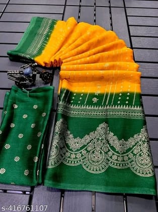 moss silk Blouse running Foil printed saree With soft material