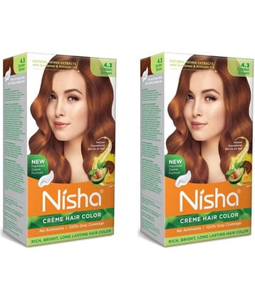 Nisha Creme Hair Color 4.3 Golden Brown 120g Pack of 2, Permanent Hair Colour, No Ammonia, 100% Grey Coverage