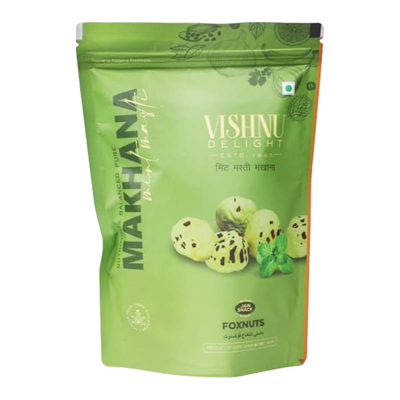 Vishnu Delight Roasted Organic Makhana, Mint Masti Flavor, Pouch 60g - Refreshing, Cooling, and Deliciously Addictive Fox Nut Snacks with a Hint of Minty Freshness