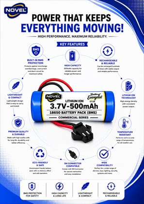 NOVEL 3.7V 18650 LITHIUM ION SM PIN BATTERY WITH CHARGING CABLE- 500mAh