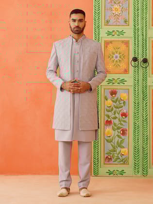 Grey Dori Embroidered Achkan-XS/36 / Indo Pant Set