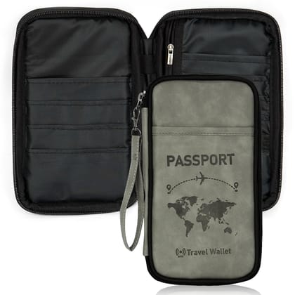 Storite RFID Blocking PU Leather Passport Holder & Travel Wallet with Hand Strap - Grey