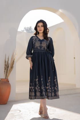 Elegant Sapphire Blue Dress with Belt and Handcrafted Finish-SAPPHIIRE BLUE / XL