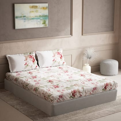 DDECOR - Elemental Collection 100% Cotton Floral Pattern 144TC King Bedsheet |254 CM X 274 CM| with 2 Pillow Covers - Red