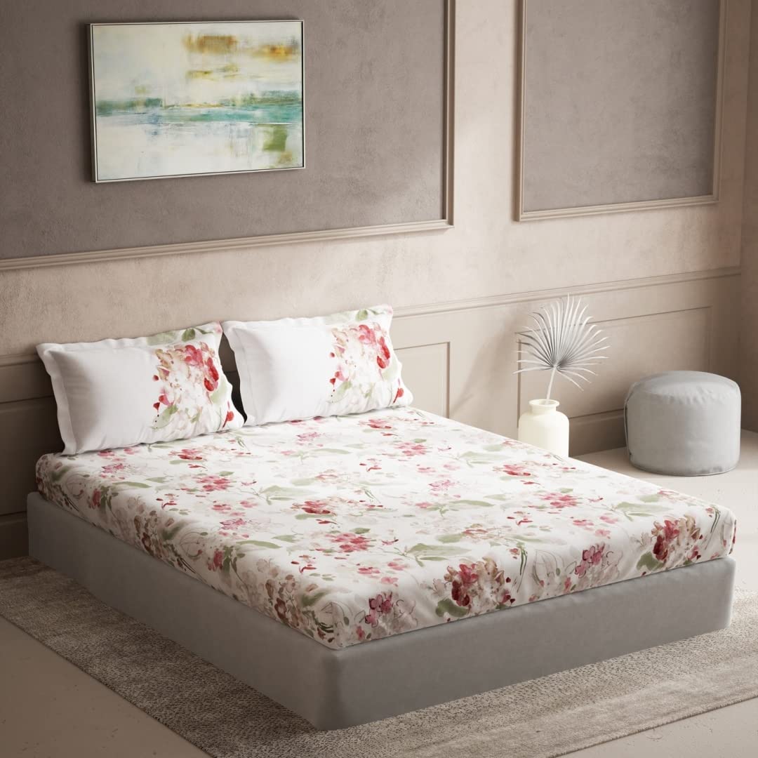 DDECOR - Elemental Collection 100% Cotton Floral Pattern 144TC King Bedsheet |254 CM X 274 CM| with 2 Pillow Covers - Red