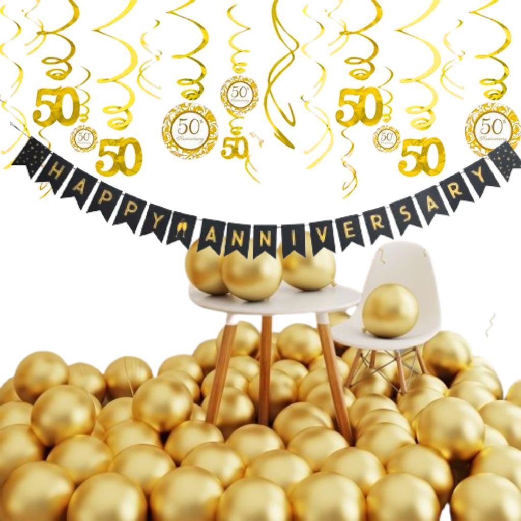 50th Anniversary Party Decorations Combo Pack- 50th Anniversary Swirls, Happy Anniversary Banner,20 Golden Latex Balloons - Party and Festive Needs | Buy online on ZillyBuy