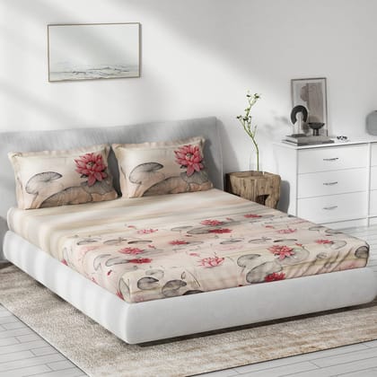 DDECOR - Primary Collection 100% Cotton Floral Pattern 136TC King Bedsheet |229 CM X 274 CM| with 2 Pillow Covers - Red