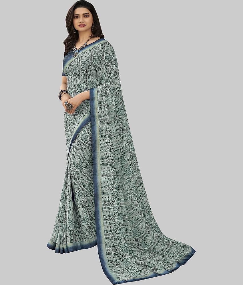 Gazal Fashions Chiffon Printed Saree With Unstitched Blouse Piece ( Grey )