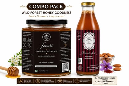 FVOURS Organics Wild Forest Honey & Badam Sheerbat Combo Pack | 100% Pure Raw Honey (250g) + Traditional Almond Syrup (500ml) | Natural Wellness & Refreshment Gift Pack