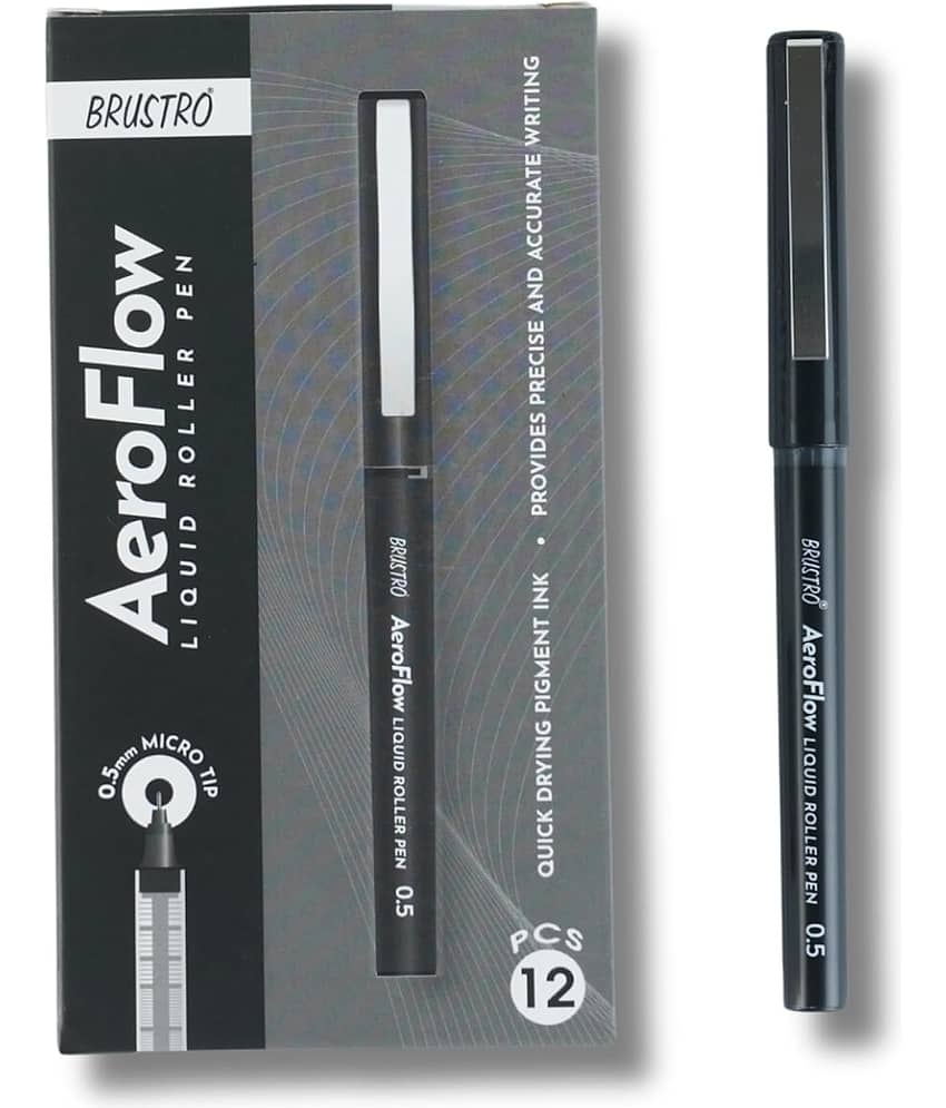 BRUSTRO AeroFlow Liquid Ink Rollerball Pens 0.5 Micro Tip Set of 12 (Classic Black Ink)