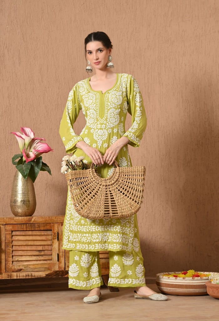 Hand Embroidered Chikankari Modal Plazo Set with 3D Floral Work-Sea Green