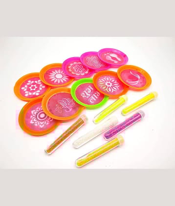 PRANSUNITA 10 pcs Ready to Draw Rangoli Making Round Small Stencils ( channi size -3 inches ) with 5 pcs Neon Sparkle Color in bottle pack for Diwali, Pongal, Weddings Decorations –Reusable Traditional Stencils
