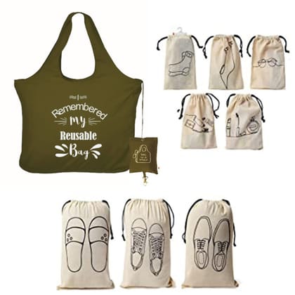 IVillage Travel Combo with 1 Foldable Microfiber Tote Bag Green 5 Cotton Travel Pouches and 3 Shoe Cover For Travel Pack Of 9