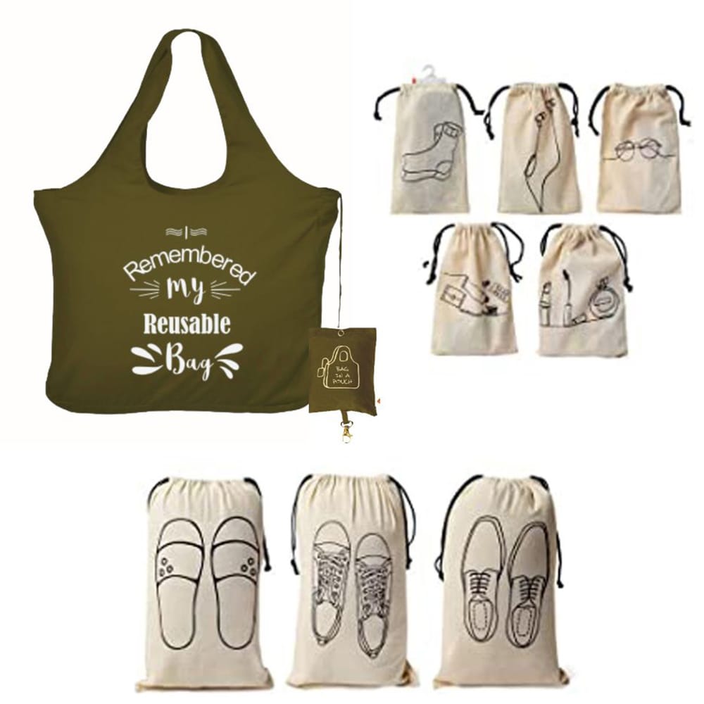 IVillage Travel Combo with 1 Foldable Microfiber Tote Bag Green 5 Cotton Travel Pouches and 3 Shoe Cover For Travel Pack Of 9