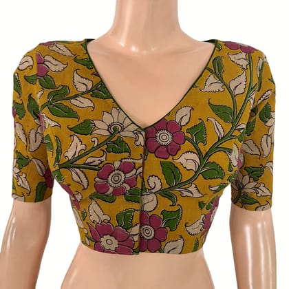 Kalamkari Cotton V Neck Blouse ,Yellow, BK1314-S