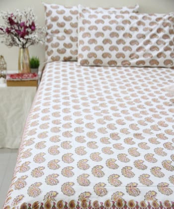 Maroon white hand block printed cotton king size bedsheet