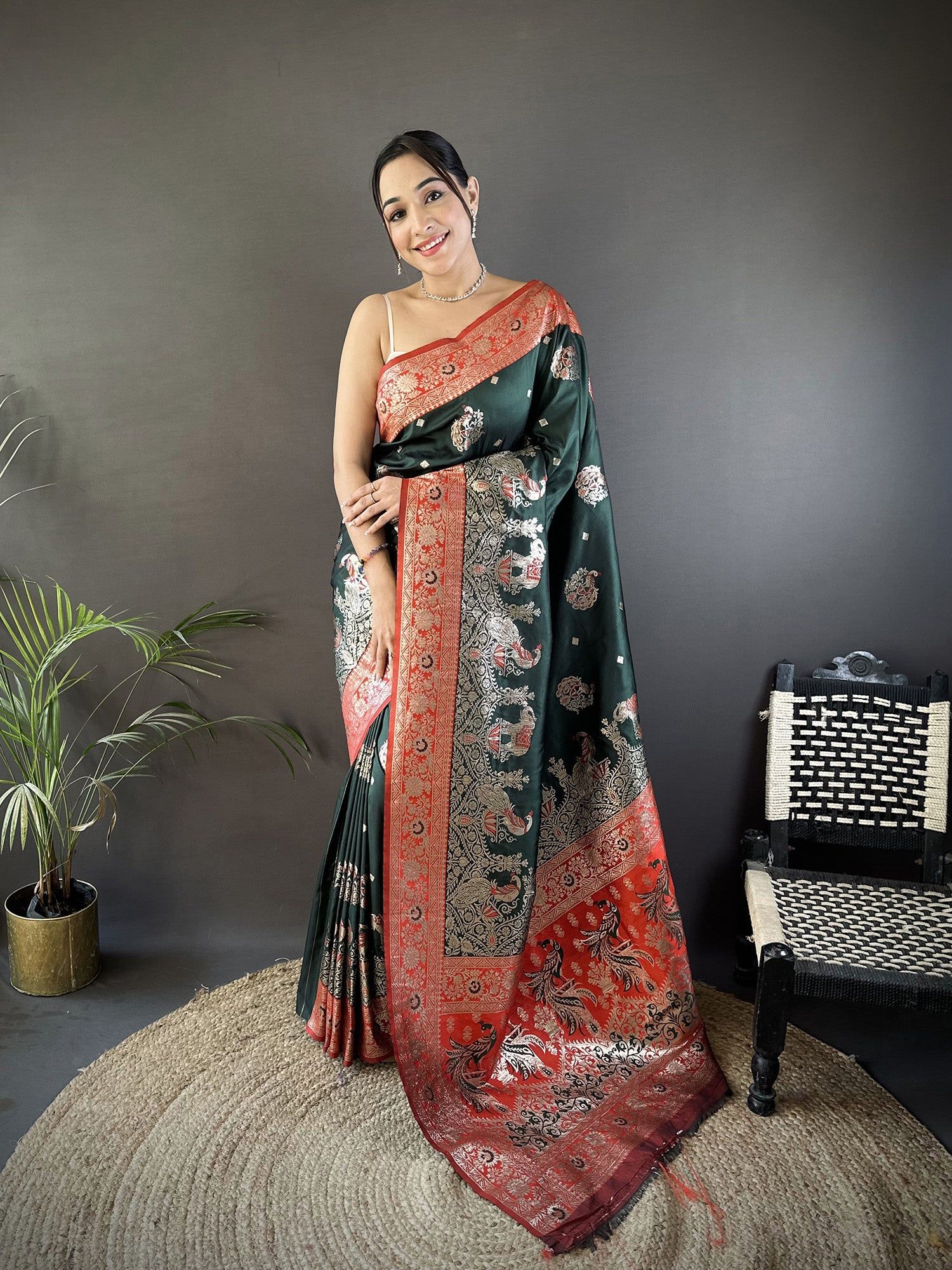 Dark Green Soft Silk Meenakari Picock Zari Weaving Work Paithani Saree