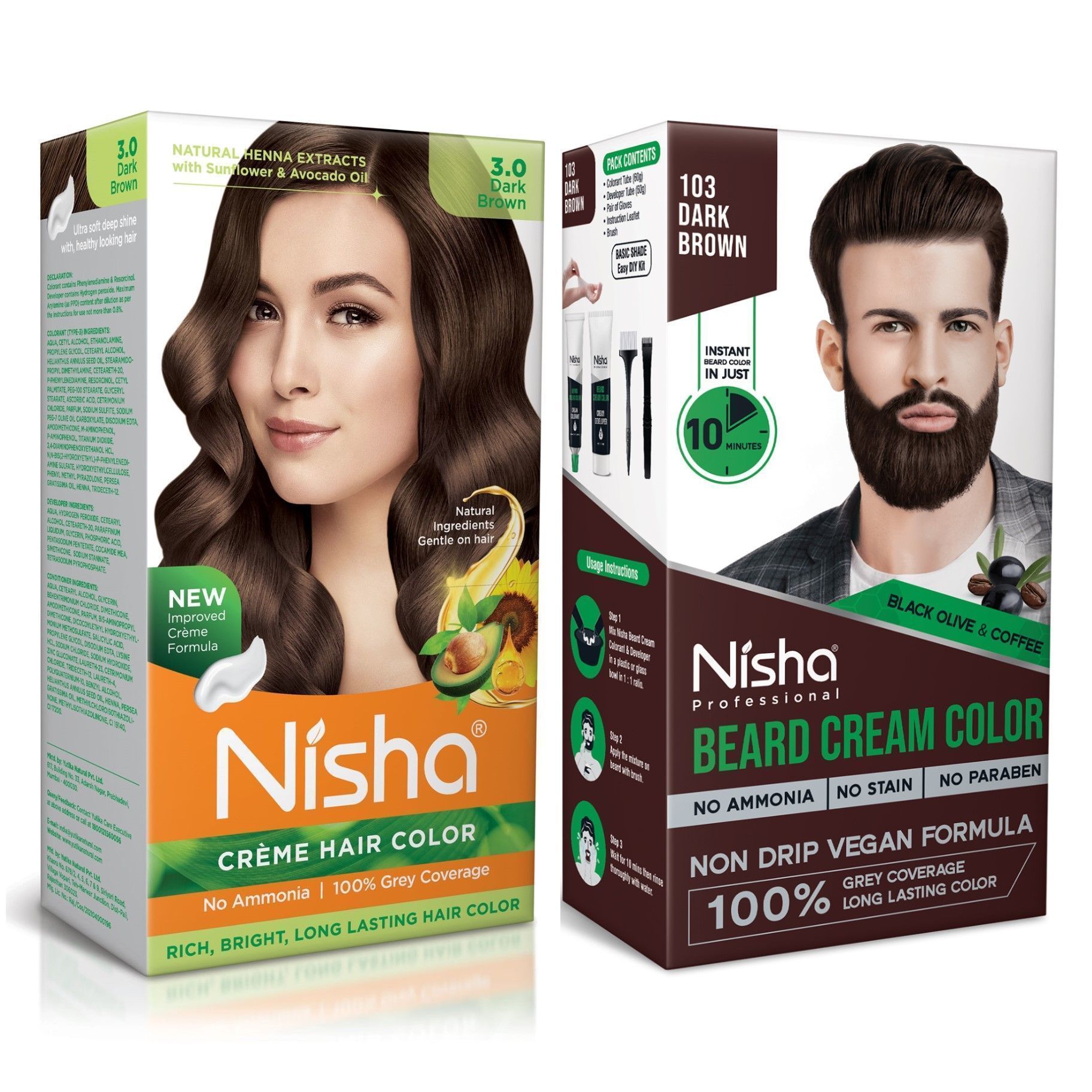 Nisha Creme Hair Colour and Beard Colour Dark Brown 120g Combo Pack, No Ammonia, 100% Grey Coverage, Vegan Formula
