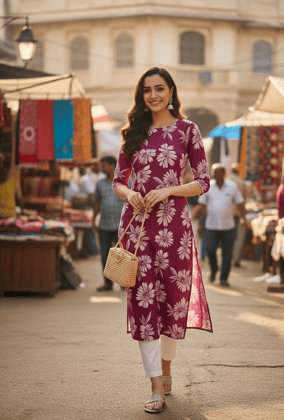Magenta & White Floral Print Straight Cotton Kurta with Three-Quarter Sleeves