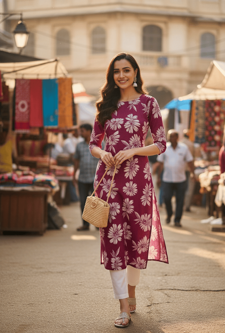 Magenta & White Floral Print Straight Cotton Kurta with Three-Quarter Sleeves