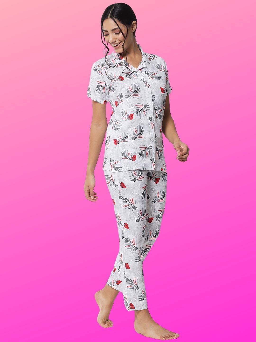 Printed Button Up Nightsuit For Women With Pockets in Pyjamas N78Aw